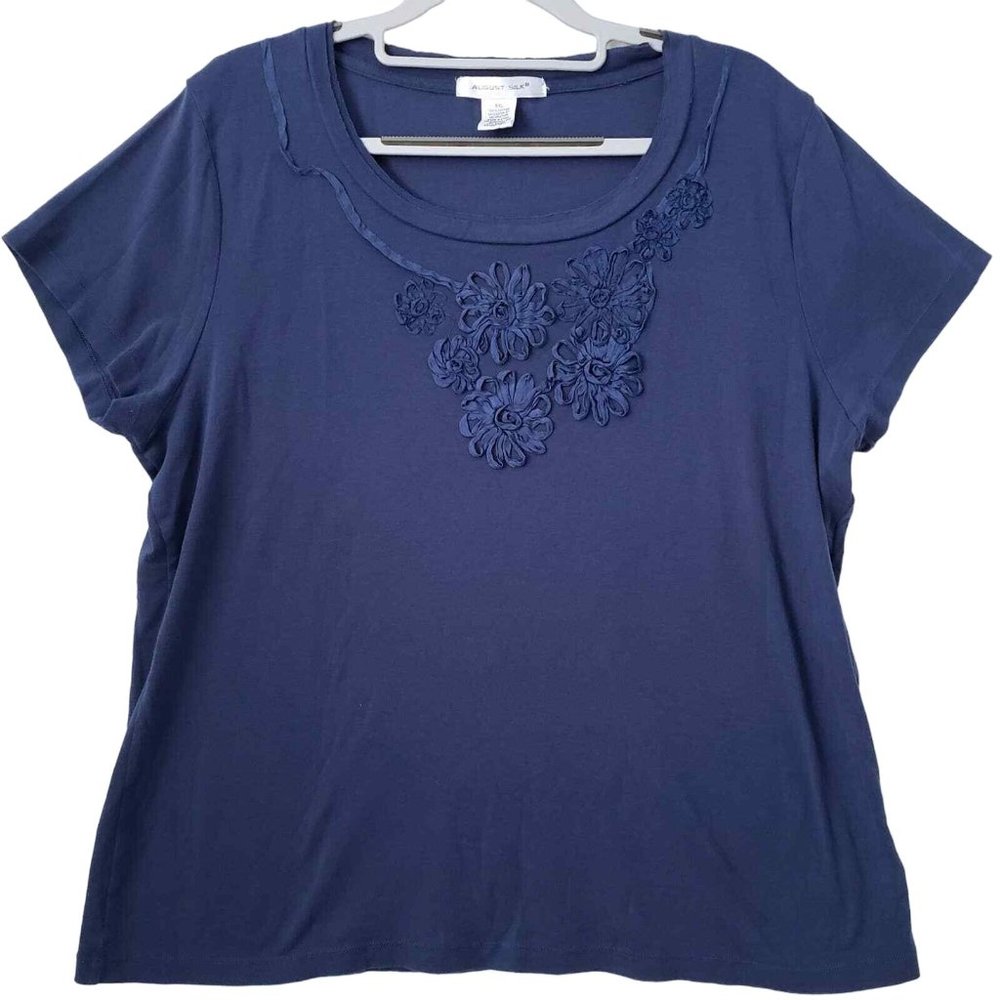 August Silk T-Shirt Womens 2XL Blue Casual Floral Abstract Minimalist